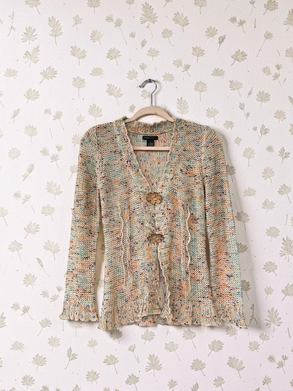 BCBGMAXAZRIA Womens Small Multicolor Marled Knit Cardigan Ruffle Flower Buttons